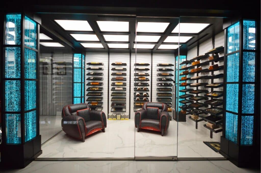 Luxurious man cave with wine cellar & cigar storage